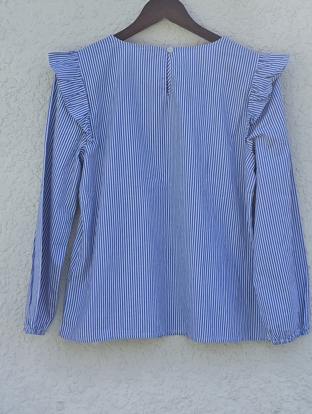 J. Crew Blue & White Striped Ruffle Shoulder Long Sleeve Blouse - Size M - Picture 2 of 12